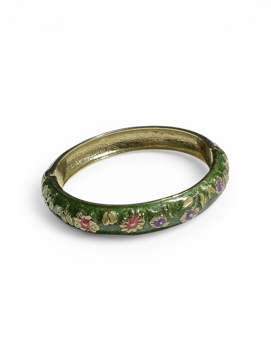 Vintage Jewelry - Vintage Green Floral Enamel Hinged Clamper Bracelet